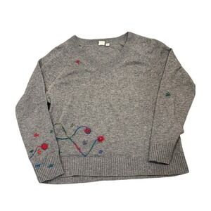 Vintage GAP Grey Knit Sweater Floral Embroidery Cottagecore Whimsical Women's M